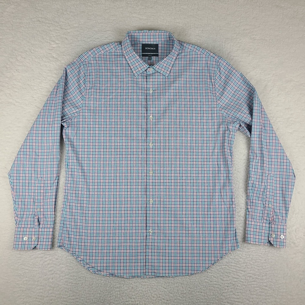BONOBOS Shirt Mens XL Blue Teal Plaid Slim Fit Performance Nylon Dress Button Up